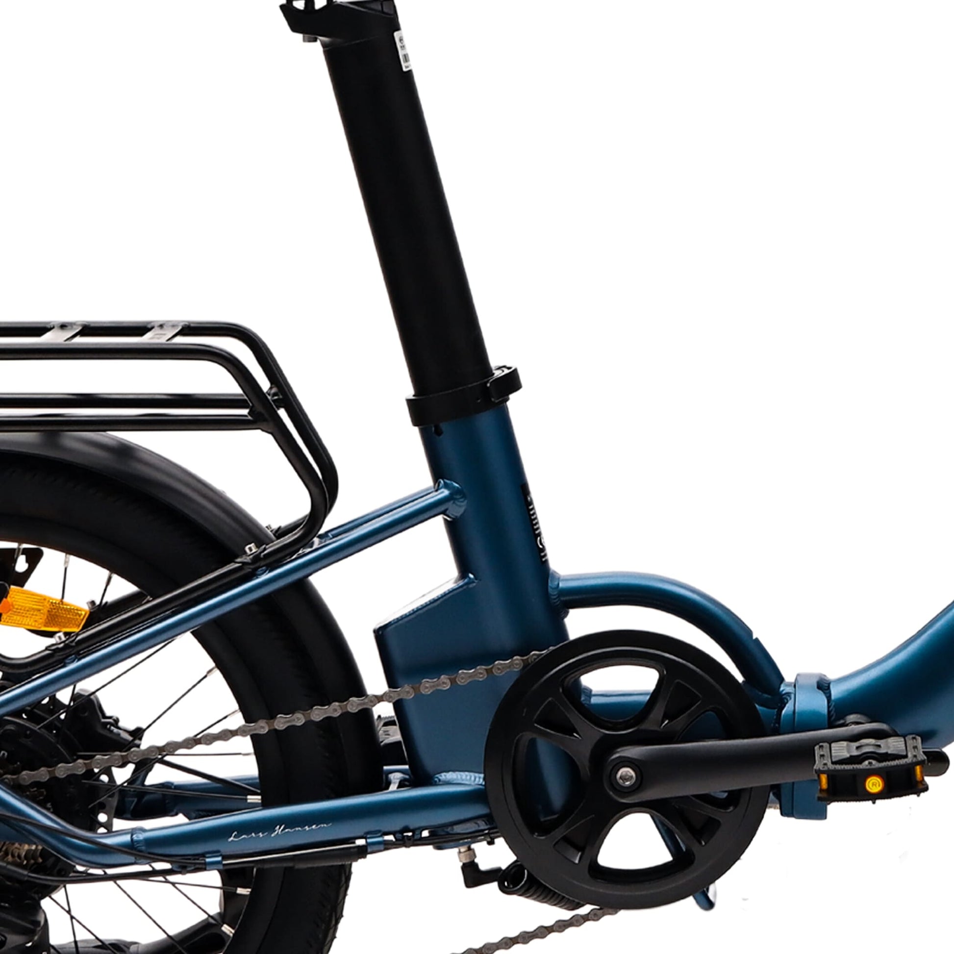 Blue folding step through electric bike with pedal assist, perfect for city commuting and everyday travel across the UK.