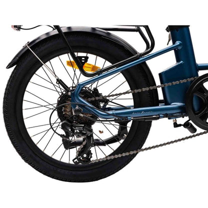 Blue folding step through electric bike with pedal assist, perfect for city commuting and everyday travel across the UK.