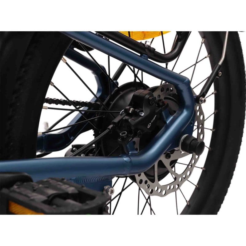 Blue folding step through electric bike with pedal assist, perfect for city commuting and everyday travel across the UK.