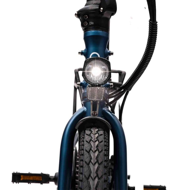 Blue folding step through electric bike with pedal assist, perfect for city commuting and everyday travel across the UK.