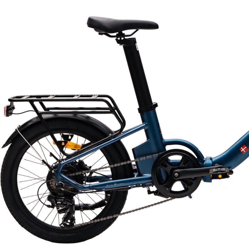 Blue folding step through electric bike with pedal assist, perfect for city commuting and everyday travel across the UK.