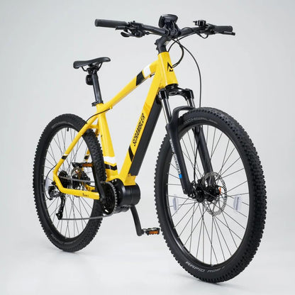 Yellow electric bike with pedal assist, perfect for commuting, off-road cycling, and city travel across the UK.