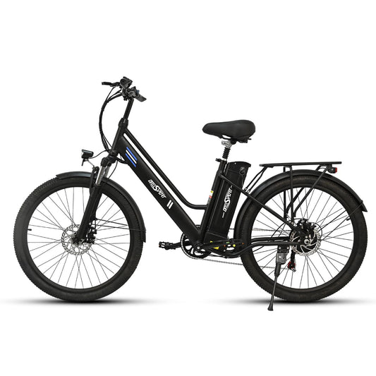 Black electric bike with pedal assist, perfect for affordable commuting, off-road cycling, and city travel across the UK.