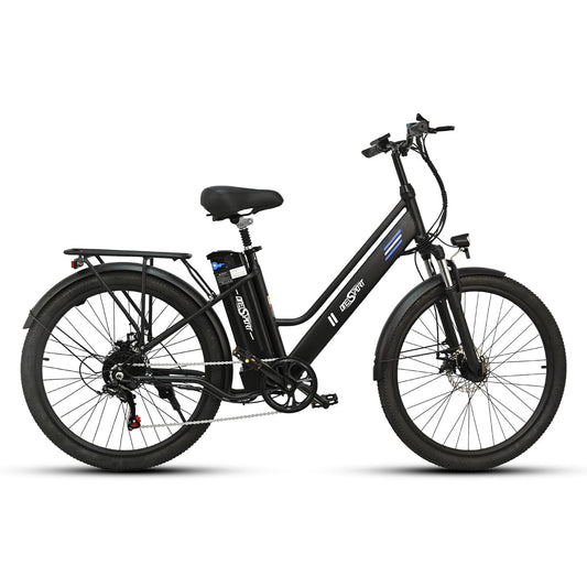 Black electric bike with pedal assist, perfect for affordable commuting, off-road cycling, and city travel across the UK.