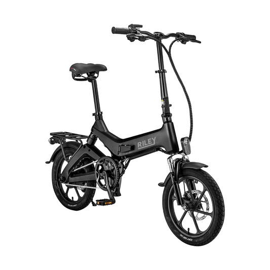 Affordable black folding electric bike for city commuting, compact and portable, available as e bikes in the UK.