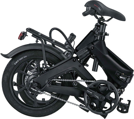 Affordable black folding electric bike for city commuting, compact and portable, available as e bikes in the UK.