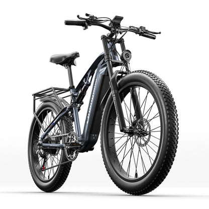 Top rated blue electric bike with pedal assist, perfect for commuting, mountain cycling, and city travel across the UK.