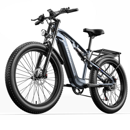 Top rated blue electric bike with pedal assist, perfect for commuting, mountain cycling, and city travel across the UK.