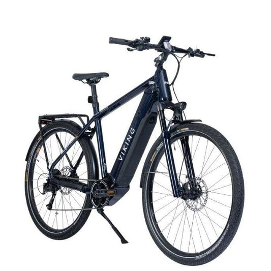 Blue electric bike with pedal assist, perfect for commuting, trekking, mountain cycling, and city travel across the UK.