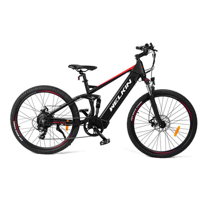 Black electric bike with pedal assist, perfect for commuting, trekking, mountain cycling, and affordable city travel across the UK.