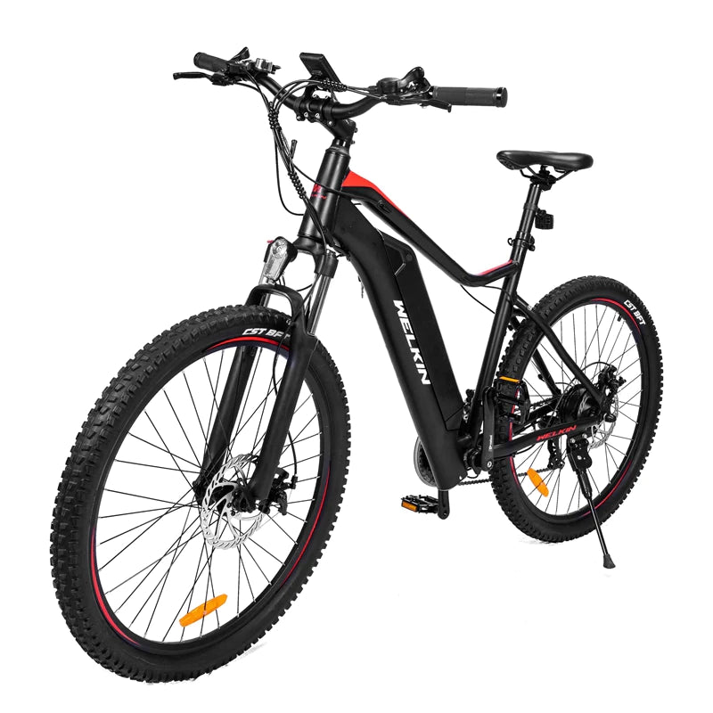 Black electric bike with pedal assist, perfect for cross country, trekking, mountain cycling, and affordable travel across the UK.