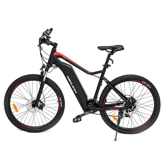 Black electric bike with pedal assist, perfect for cross country, trekking, mountain cycling, and affordable travel across the UK.