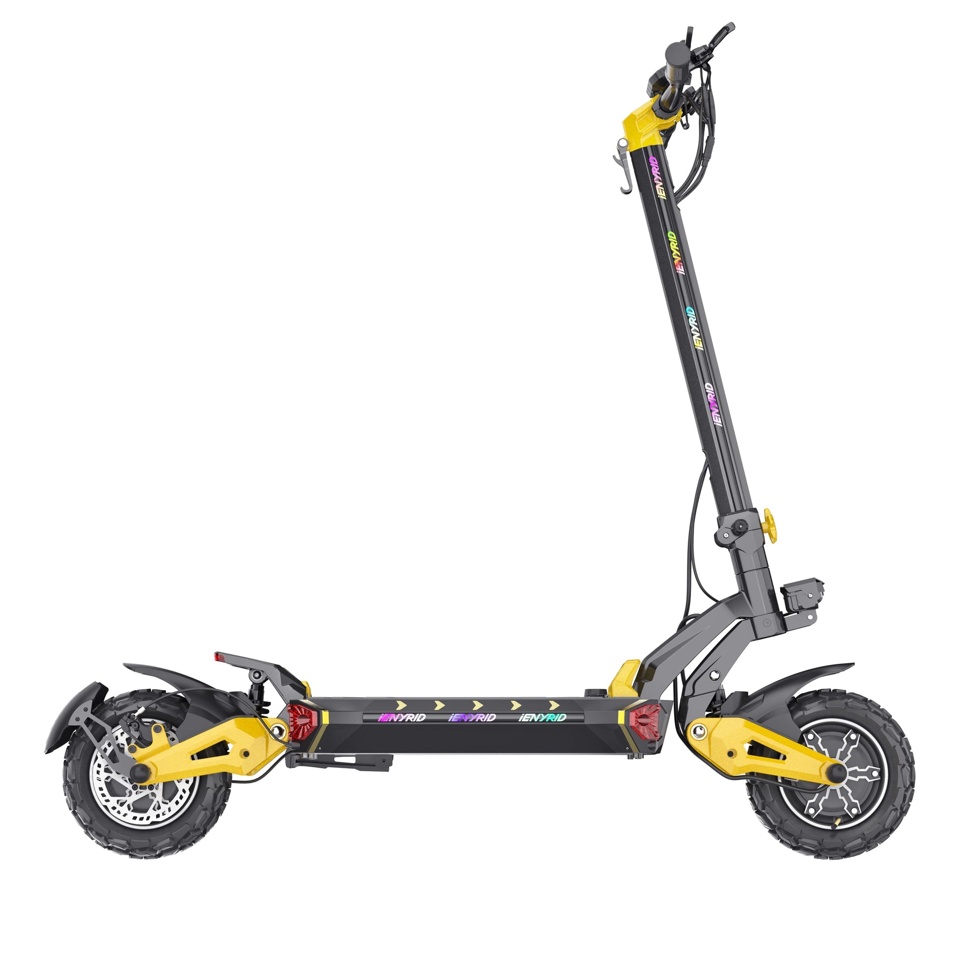 Black and yellow electric scooter with long-lasting battery, perfect for all terrains including mountain and off road e scooter rides in the UK