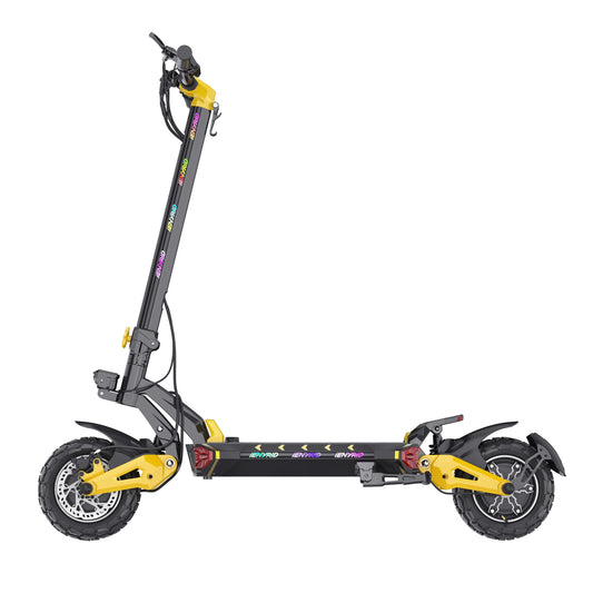 Black and yellow electric scooter with long-lasting battery, perfect for all terrains including mountain and off road e scooter rides in the UK