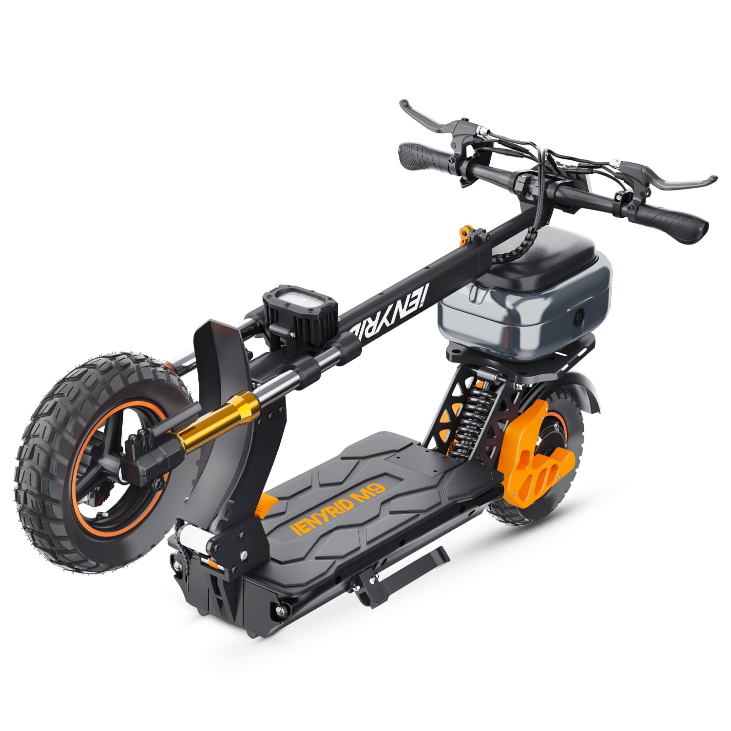 Fast electric scooter with foldable design and seat, perfect for efficient city commutes and easy storage.