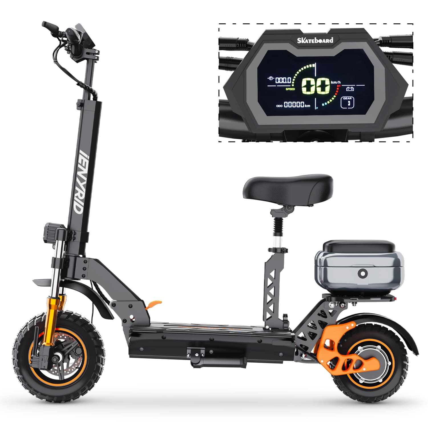 Fast electric scooter with foldable design and seat, perfect for efficient city commutes and easy storage.