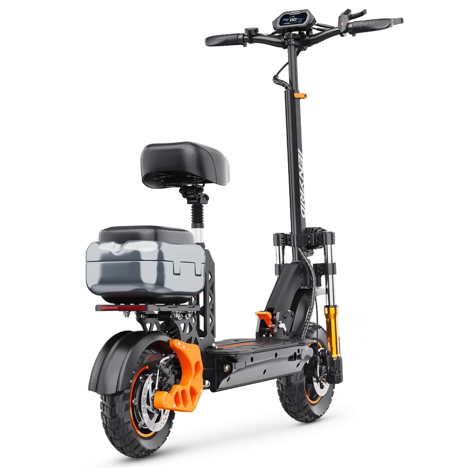 Fast electric scooter with foldable design and seat, perfect for efficient city commutes and easy storage.