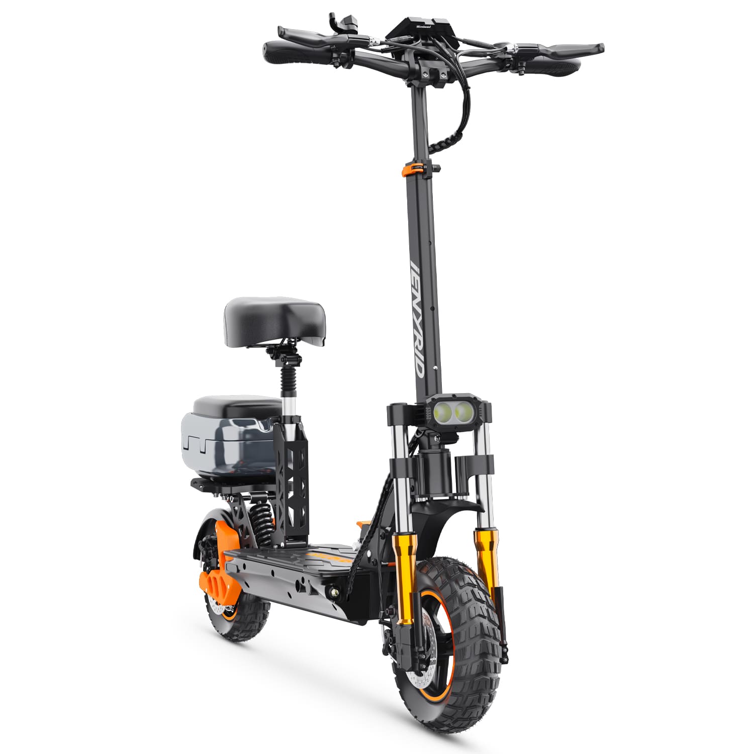 Fast electric scooter with foldable design and seat, perfect for efficient city commutes and easy storage.