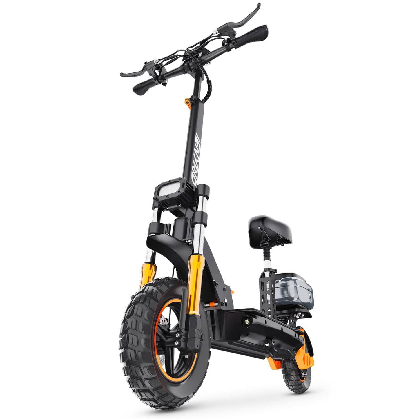 Fast electric scooter with foldable design and seat, perfect for efficient city commutes and easy storage.