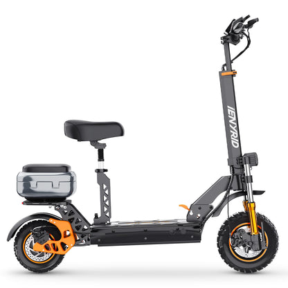 Fast electric scooter with foldable design and seat, perfect for efficient city commutes and easy storage.