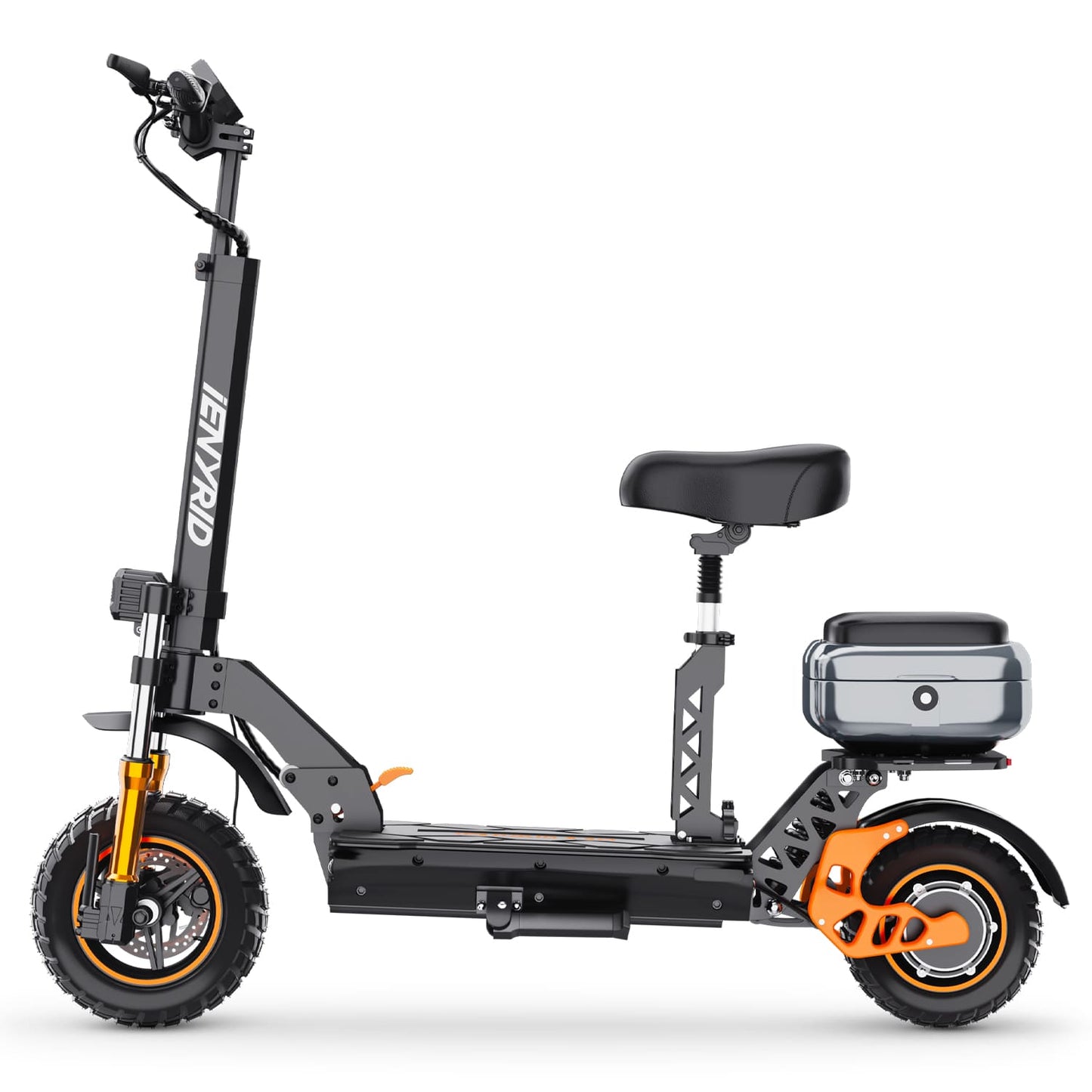 Fast electric scooter with foldable design and seat, perfect for efficient city commutes and easy storage.