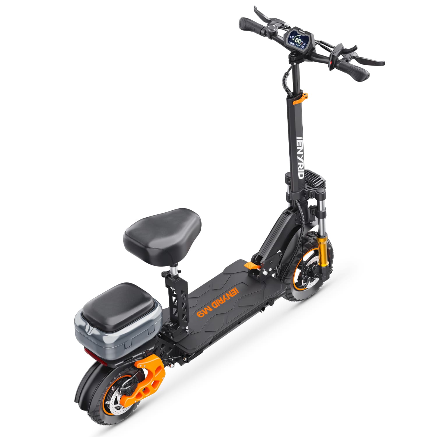 Fast electric scooter with foldable design and seat, perfect for efficient city commutes and easy storage.