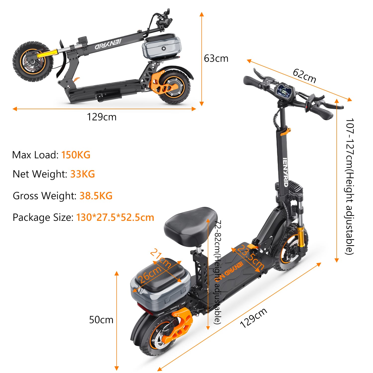 Fast electric scooter with foldable design and seat, perfect for efficient city commutes and easy storage.