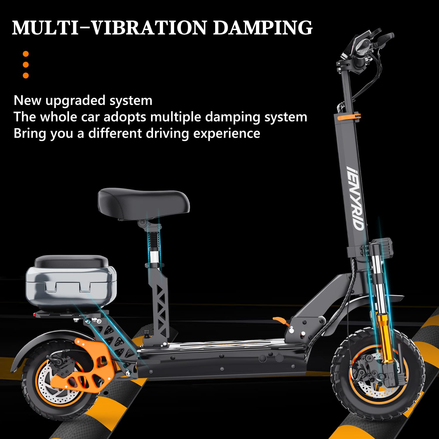 Fast electric scooter with foldable design and seat, perfect for efficient city commutes and easy storage.