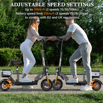 Fast electric scooter with foldable design and seat, perfect for efficient city commutes and easy storage.