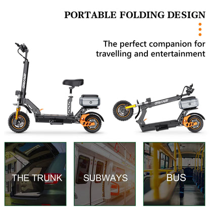 Fast electric scooter with foldable design and seat, perfect for efficient city commutes and easy storage.