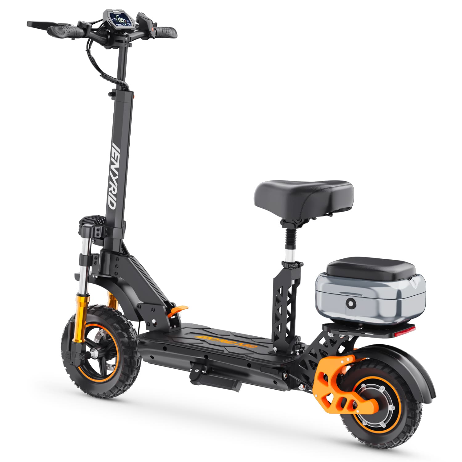 Fast electric scooter with foldable design and seat, perfect for efficient city commutes and easy storage.