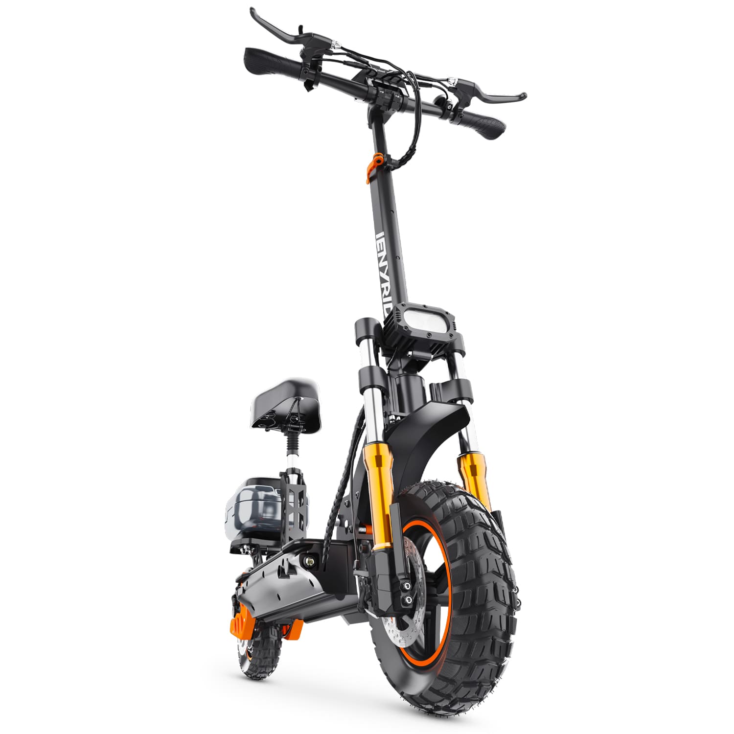 Fast electric scooter with foldable design and seat, perfect for efficient city commutes and easy storage.