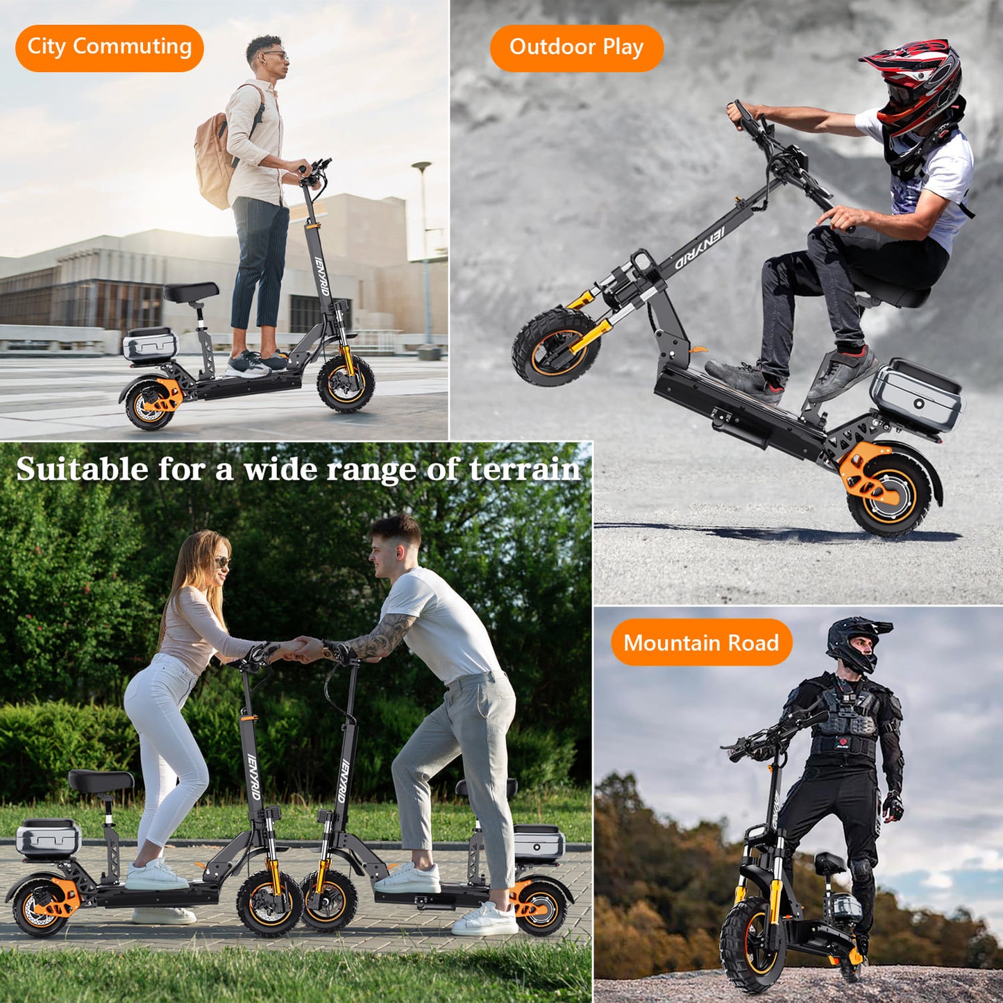 Fast electric scooter with foldable design and seat, perfect for efficient city commutes and easy storage.